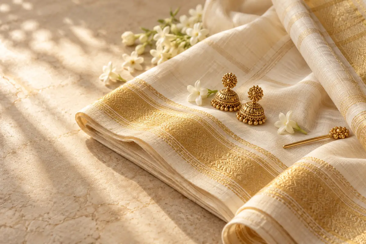 Illustrative bridal still life with ivory kasavu silk, gold jewellery and jasmine
